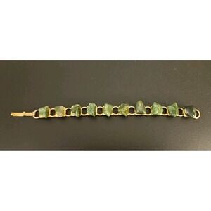 VINTAGE Polished Gemstone Bracelet‎ 7" Green Malachite Gems Gold Tone RETRO 70s